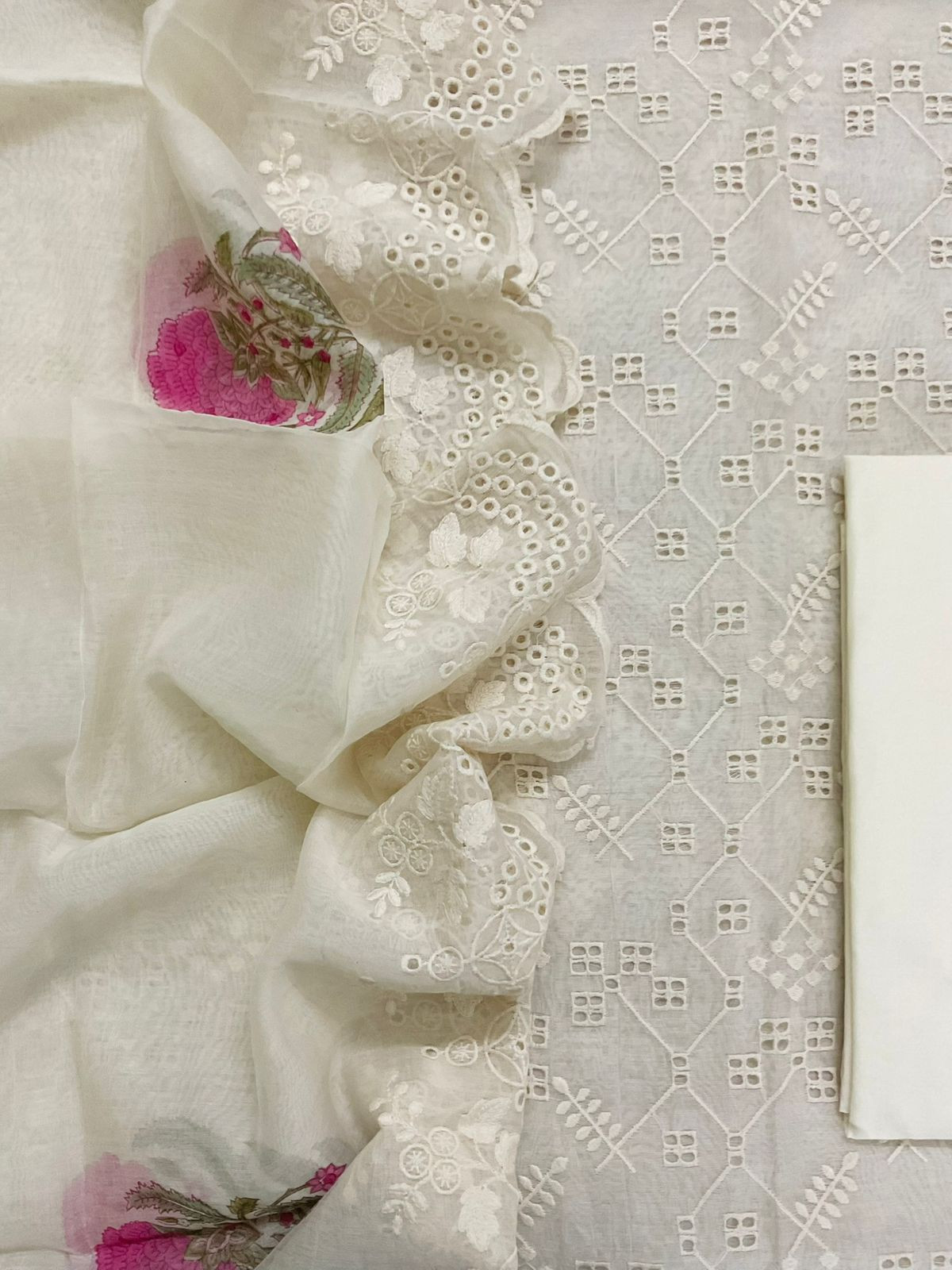 Pure Mul Chanderi Block Printed Embroidered Suit - Off White