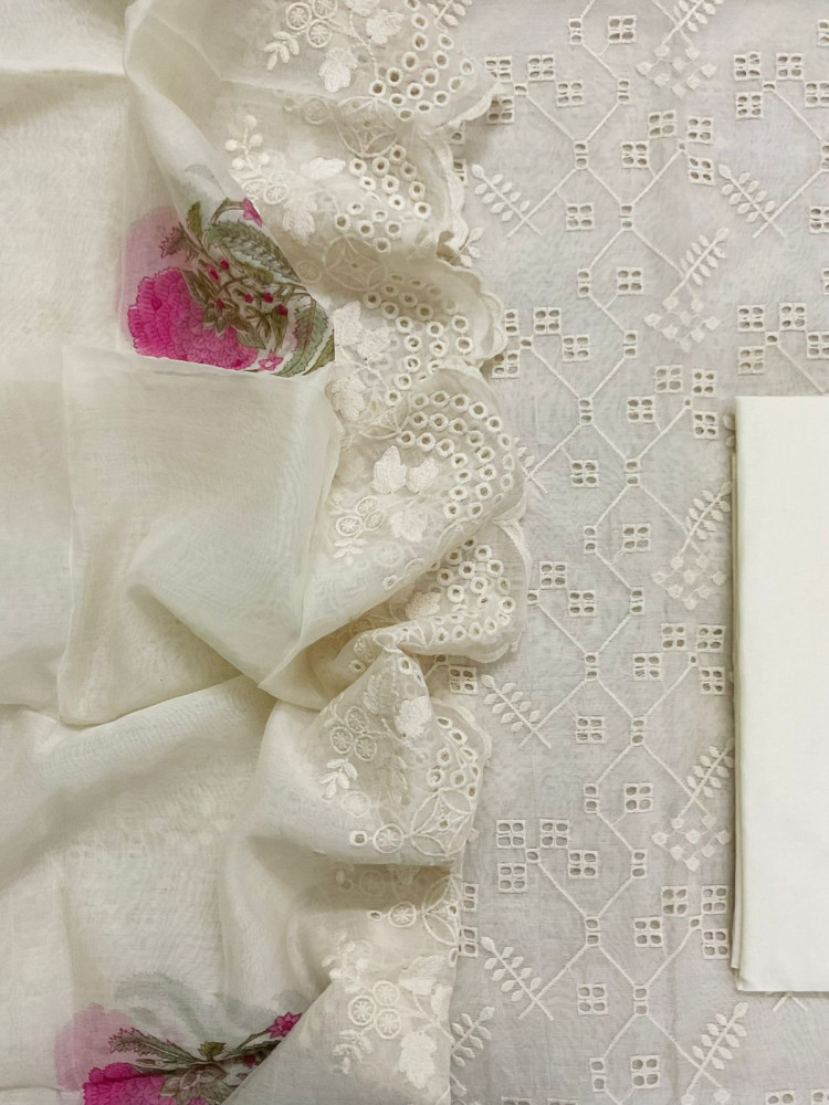 Image of Pure Mul Chanderi Block Printed Embroidered Suit - Off White