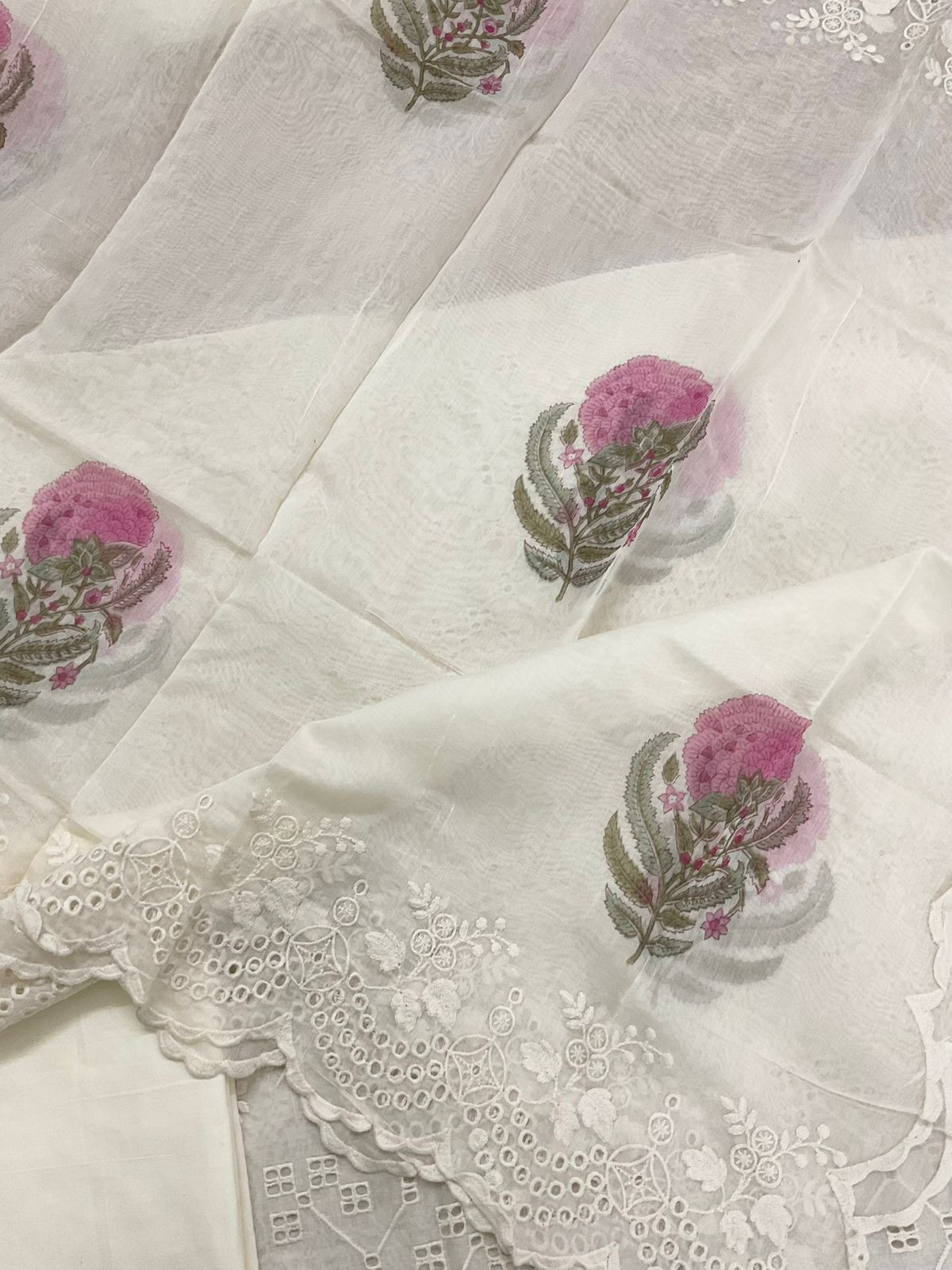 Pure Mul Chanderi Block Printed Embroidered Suit - Off White