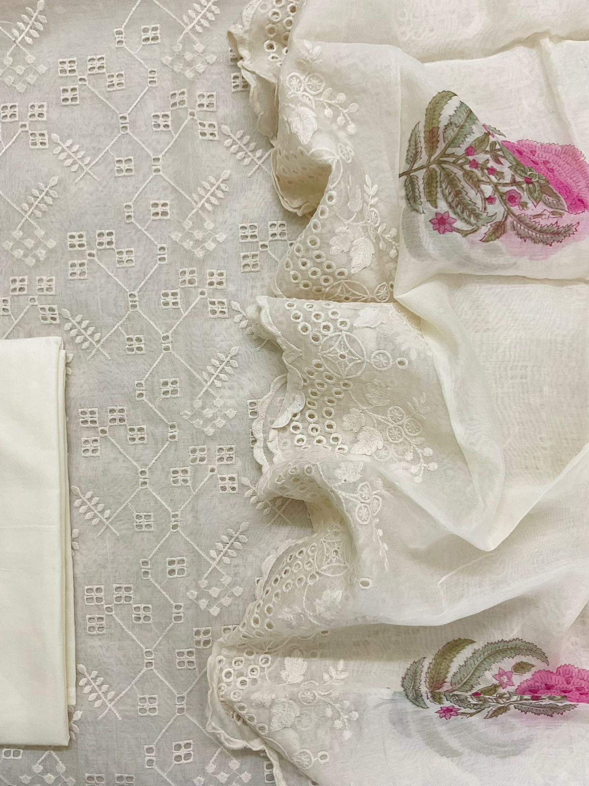 Pure Mul Chanderi Block Printed Embroidered Suit - Off White