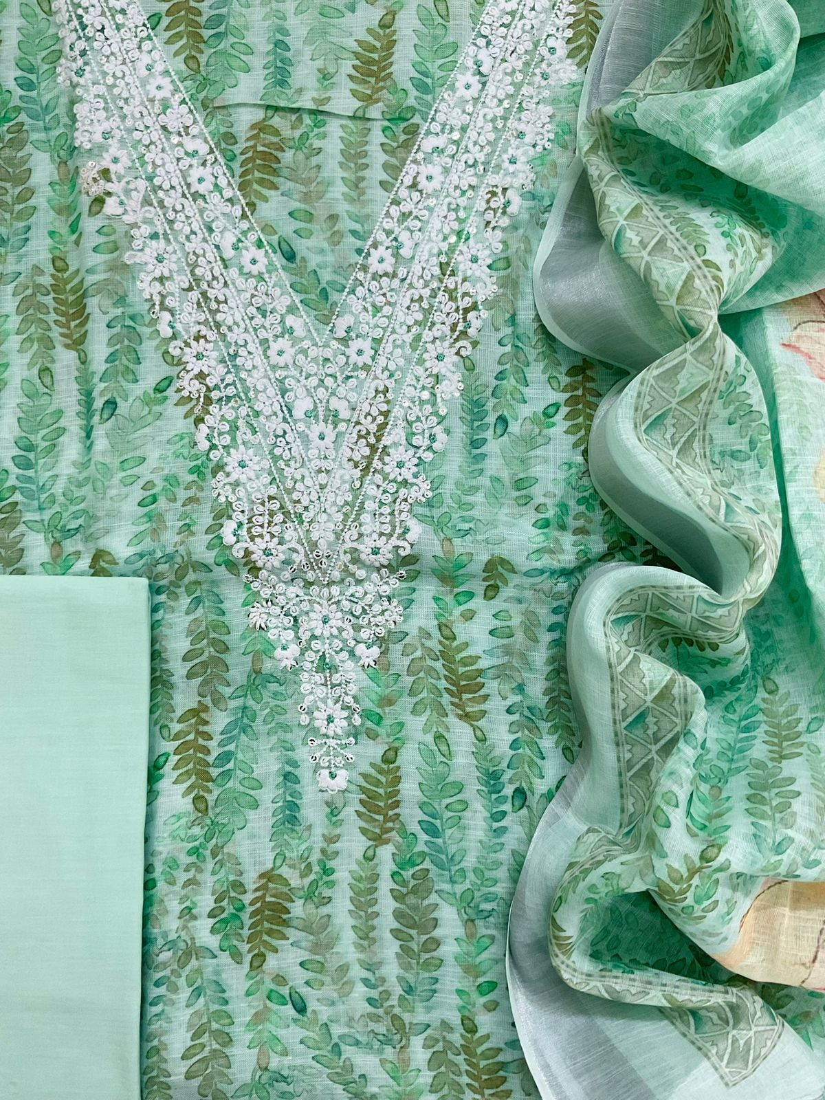 Soft Linen Jute Cotton Printed Embroidered Suit - Green