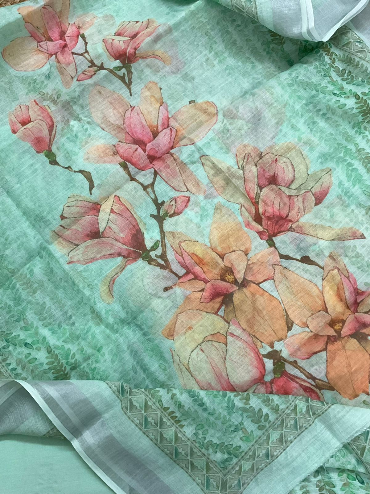 Soft Linen Jute Cotton Printed Embroidered Suit - Green