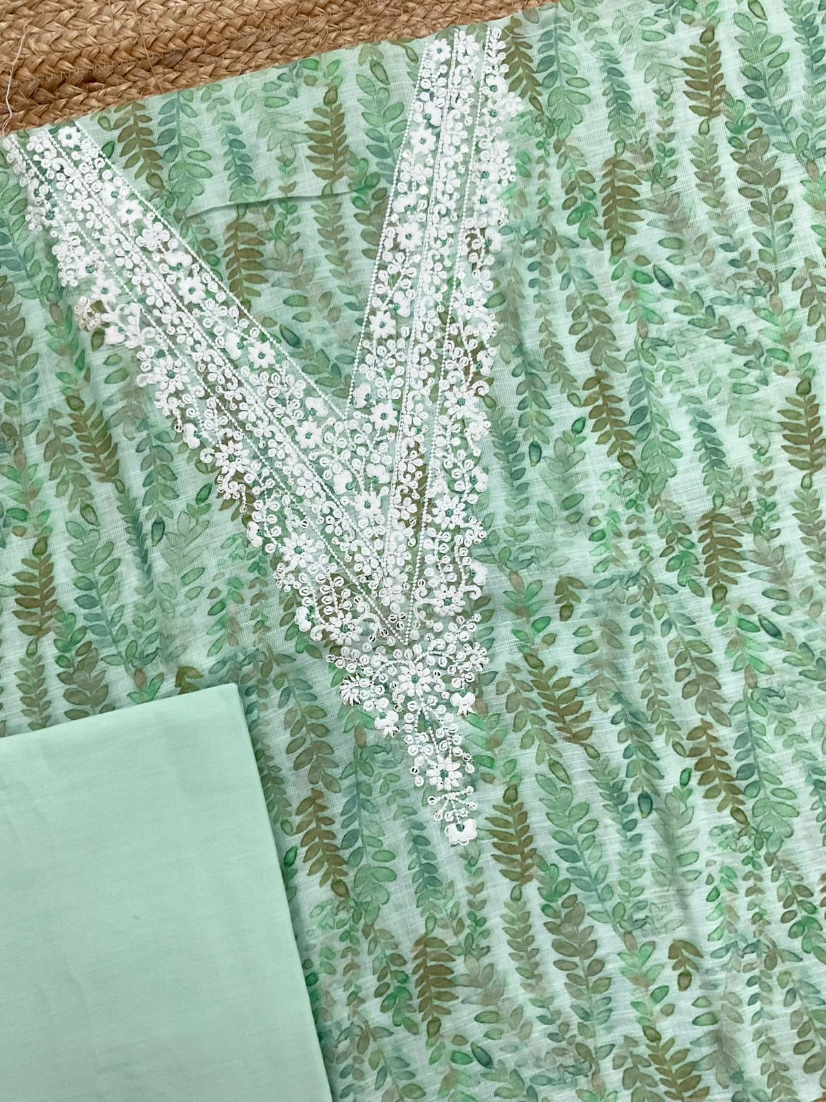 Soft Linen Jute Cotton Printed Embroidered Suit - Green