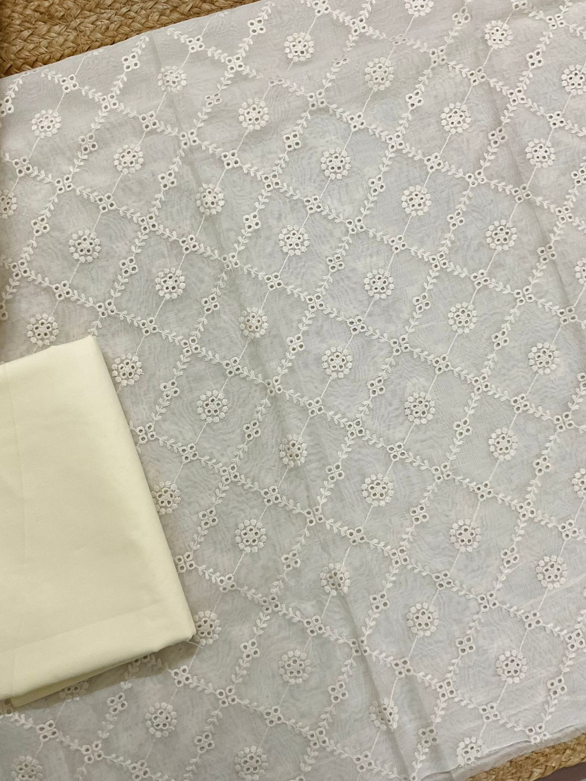 Pure Mul Chanderi Block Printed Embroidered Suit - Off White