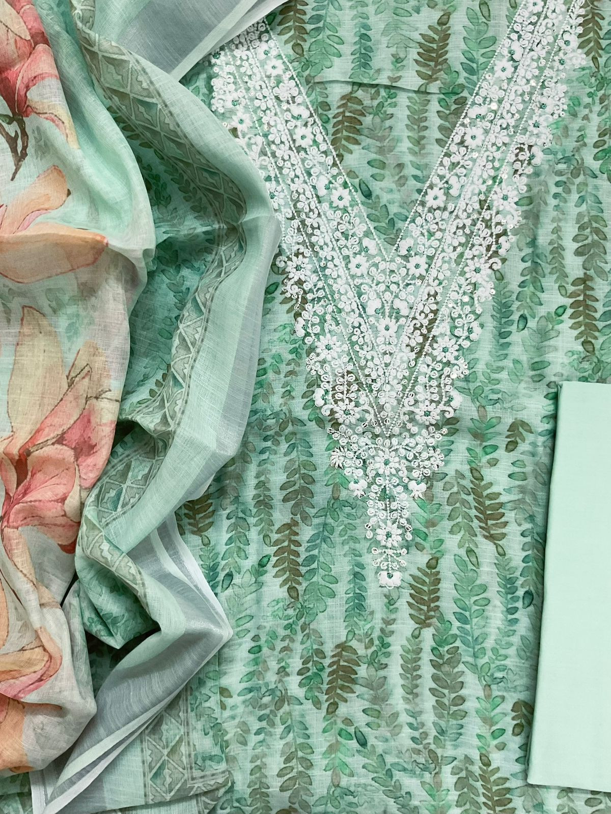 Soft Linen Jute Cotton Printed Embroidered Suit - Green