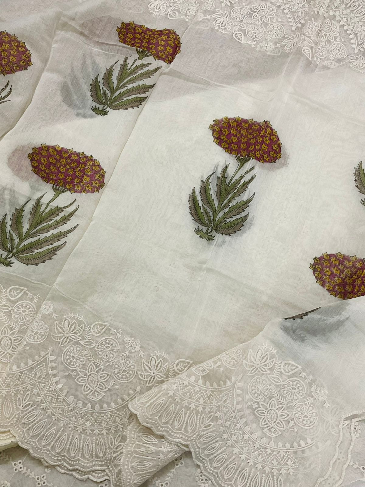 Pure Mul Chanderi Block Printed Embroidered Suit - Off White