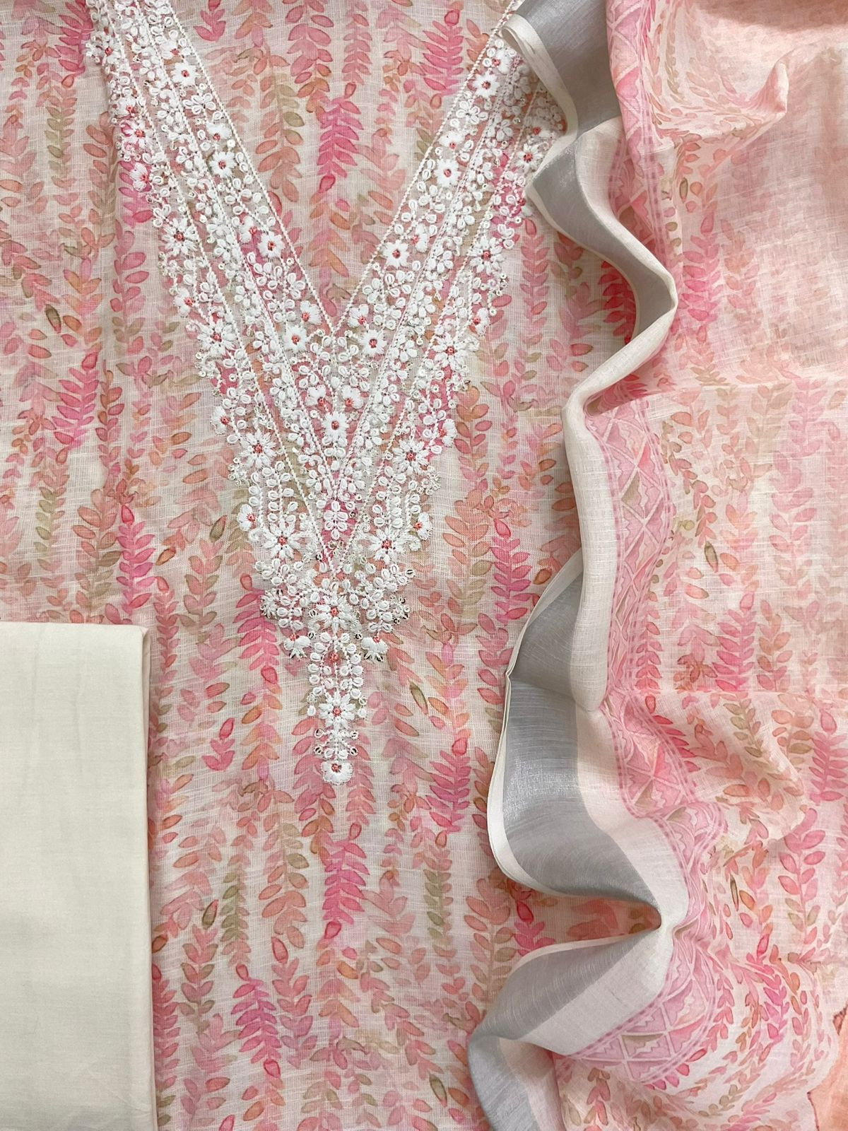 Soft Linen Jute Cotton Printed Embroidered Suit - Cream
