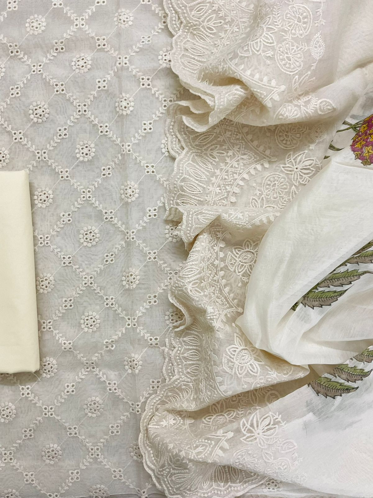Pure Mul Chanderi Block Printed Embroidered Suit - Off White