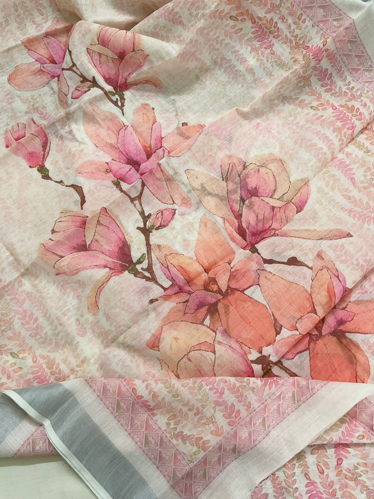 Soft Linen Jute Cotton Printed Embroidered Suit - Cream