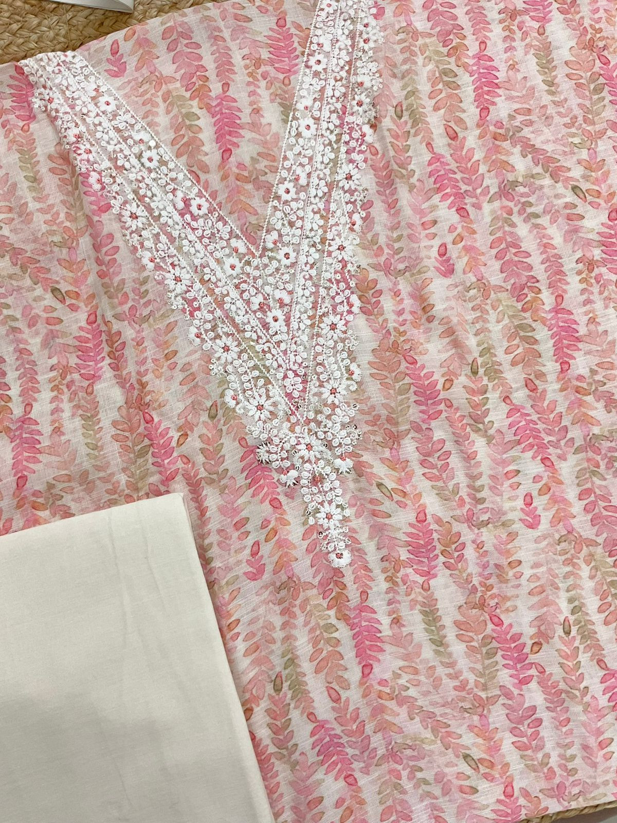 Soft Linen Jute Cotton Printed Embroidered Suit - Cream