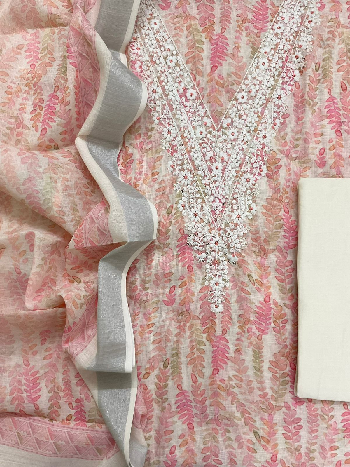 Soft Linen Jute Cotton Printed Embroidered Suit - Cream