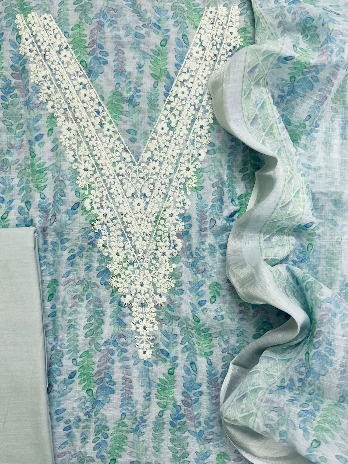 Soft Linen Jute Cotton Printed Embroidered Suit - Blue