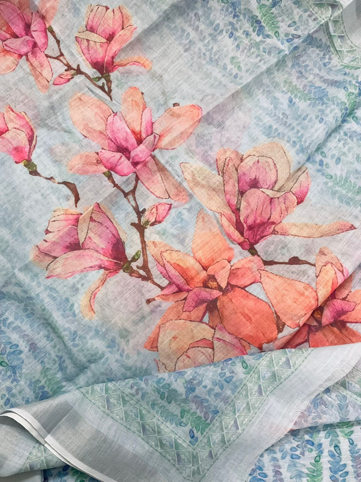 Soft Linen Jute Cotton Printed Embroidered Suit - Blue