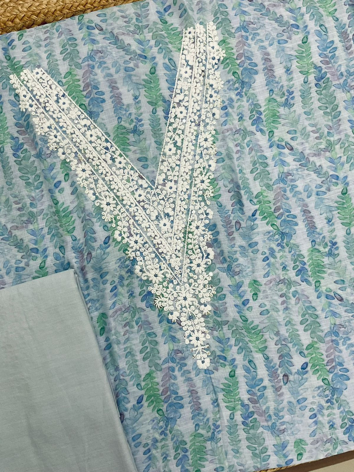 Soft Linen Jute Cotton Printed Embroidered Suit - Blue