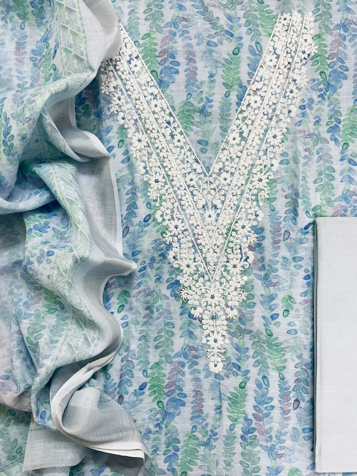 Soft Linen Jute Cotton Printed Embroidered Suit - Blue