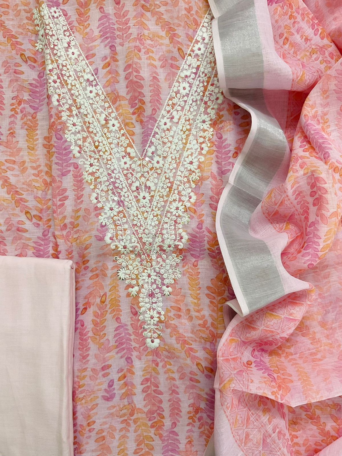 Soft Linen Jute Cotton Printed Embroidered Suit - Pink
