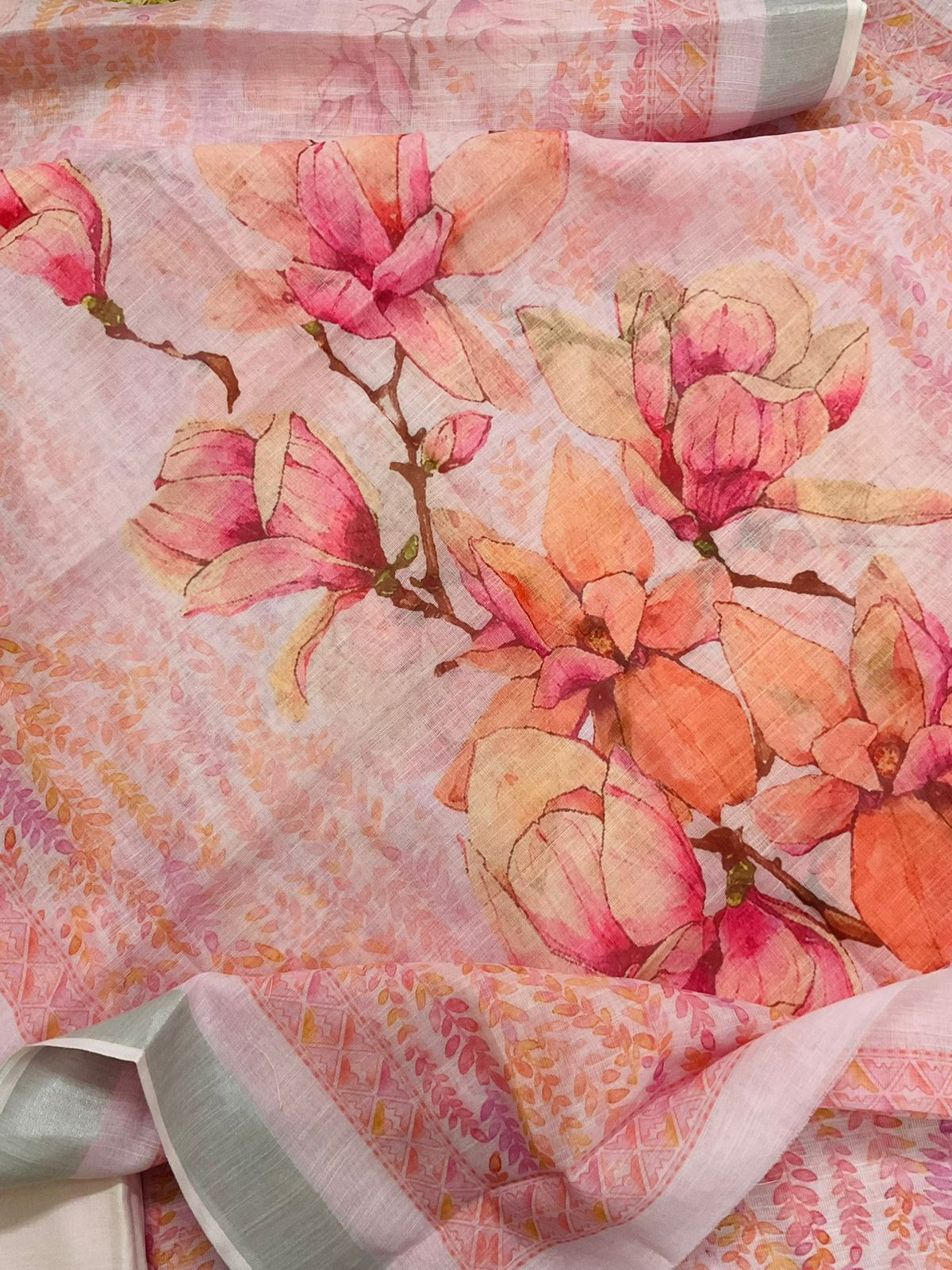 Soft Linen Jute Cotton Printed Embroidered Suit - Pink