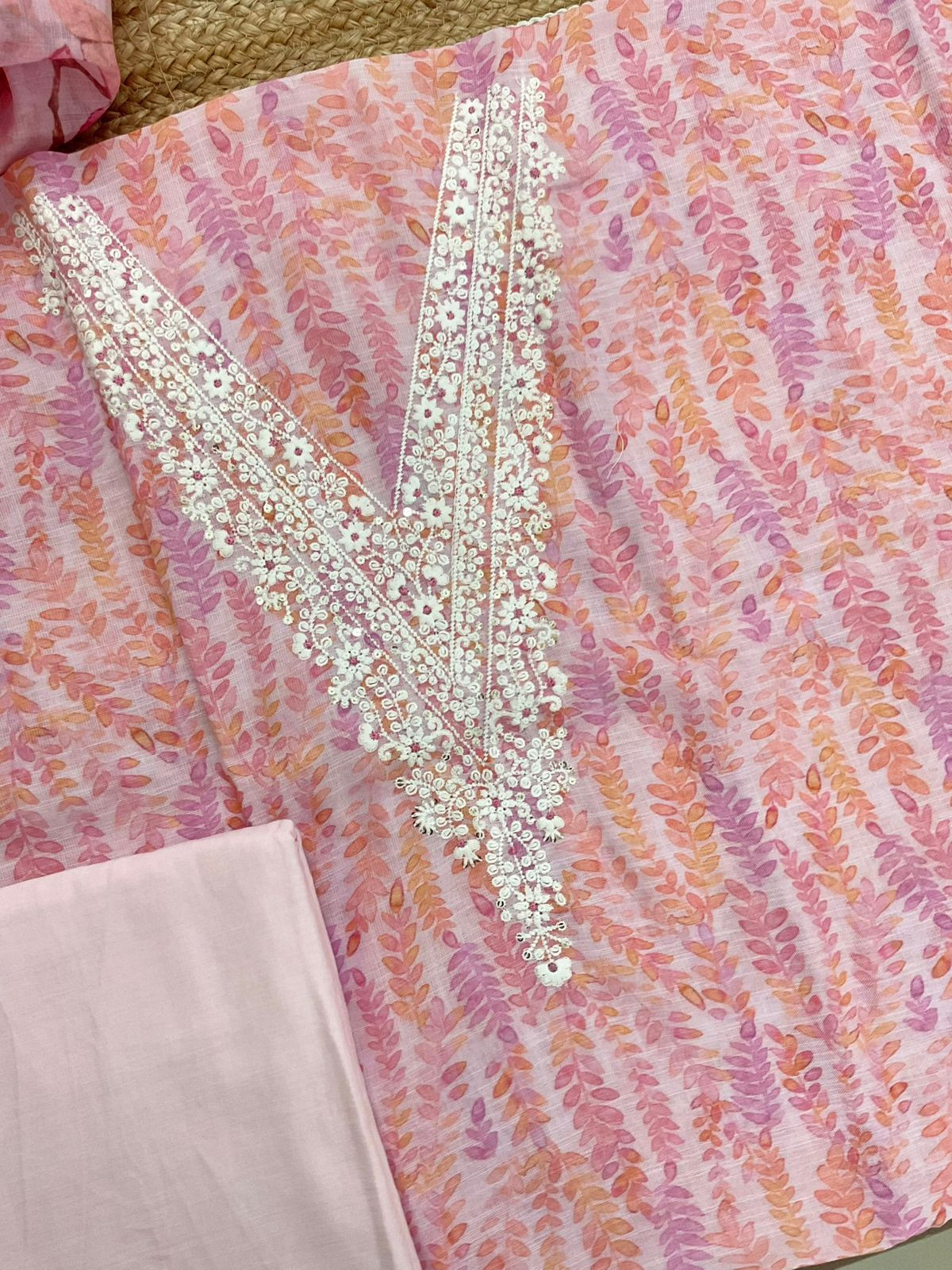 Soft Linen Jute Cotton Printed Embroidered Suit - Pink
