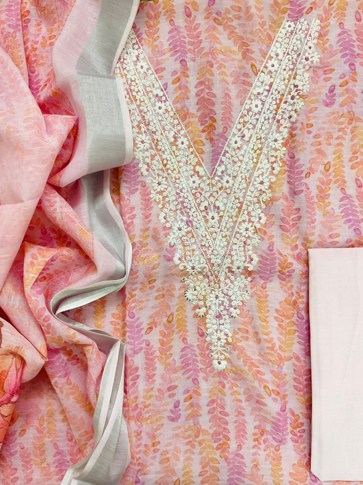 Soft Linen Jute Cotton Printed Embroidered Suit - Pink