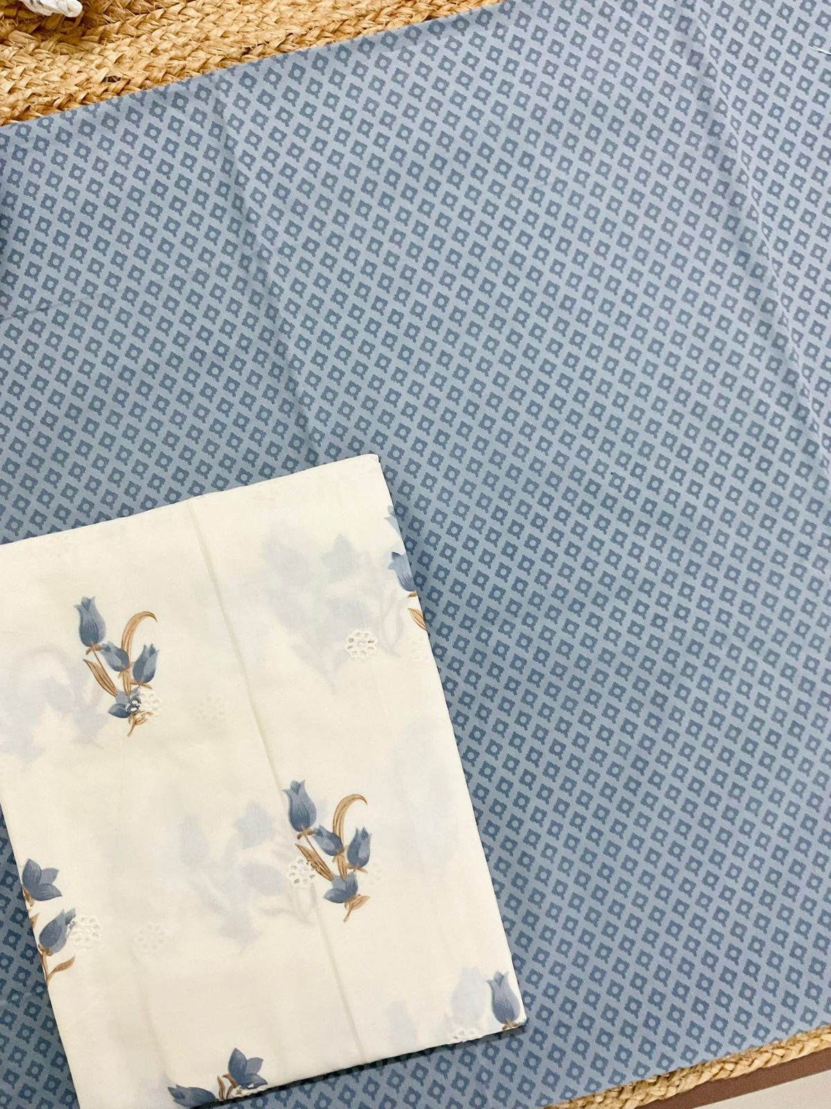 Pure Cotton Printed Embroidered Suit - Blue