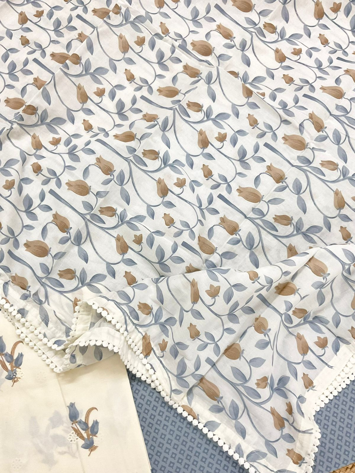 Pure Cotton Printed Embroidered Suit - Blue