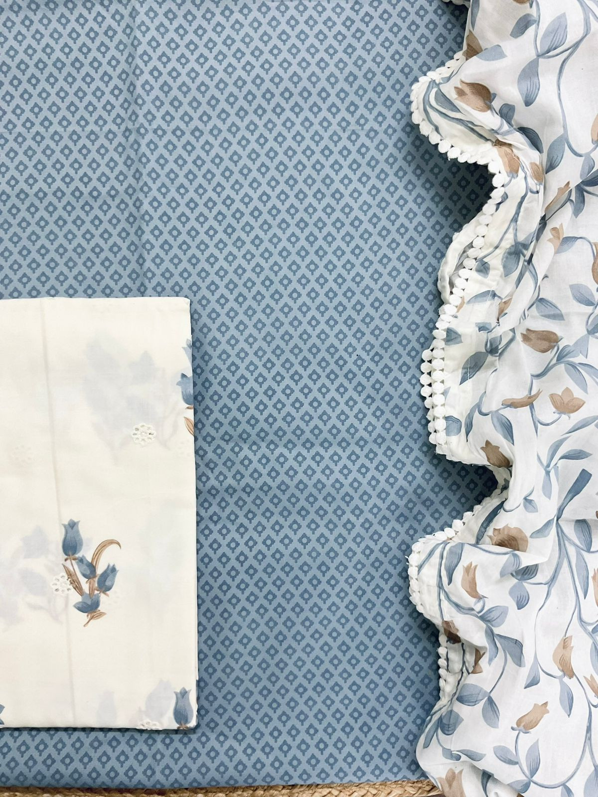 Pure Cotton Printed Embroidered Suit - Blue