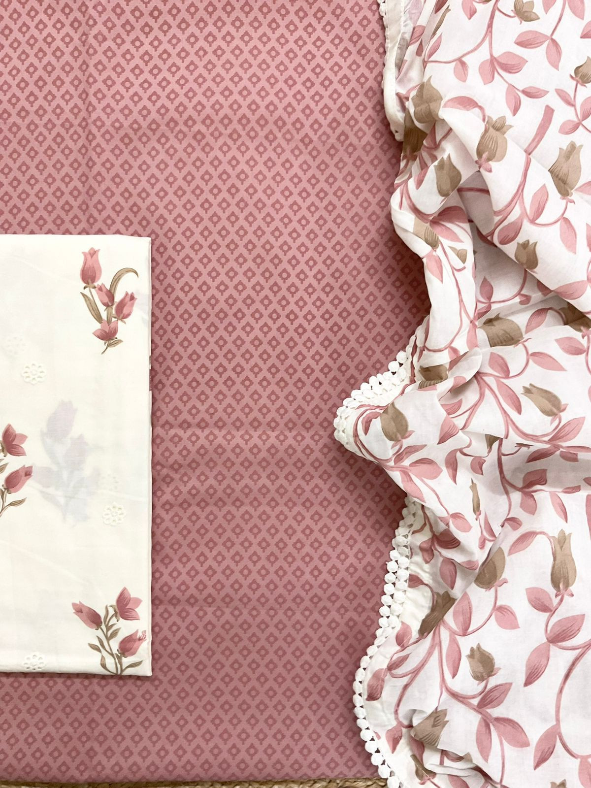 Pure Cotton Printed Embroidered Suit - Peach