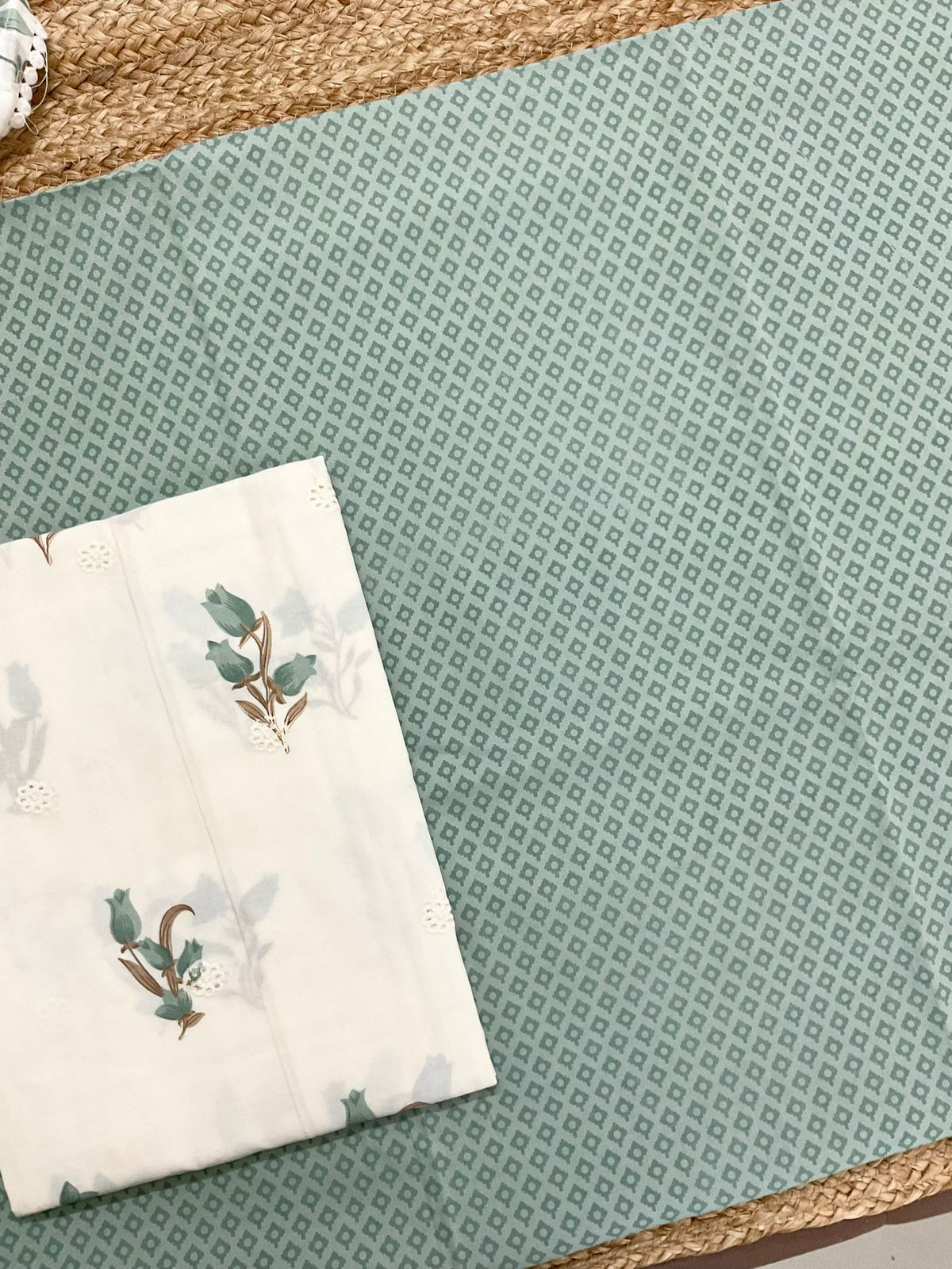 Pure Cotton Printed Embroidered Suit - Green