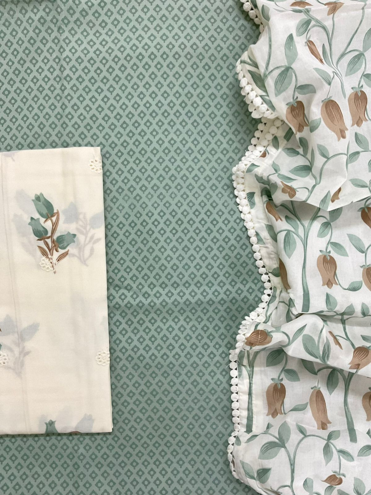 Pure Cotton Printed Embroidered Suit - Green