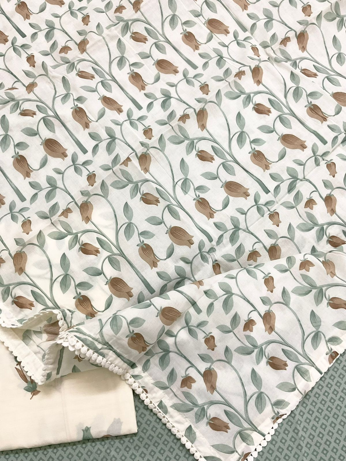 Pure Cotton Printed Embroidered Suit - Green