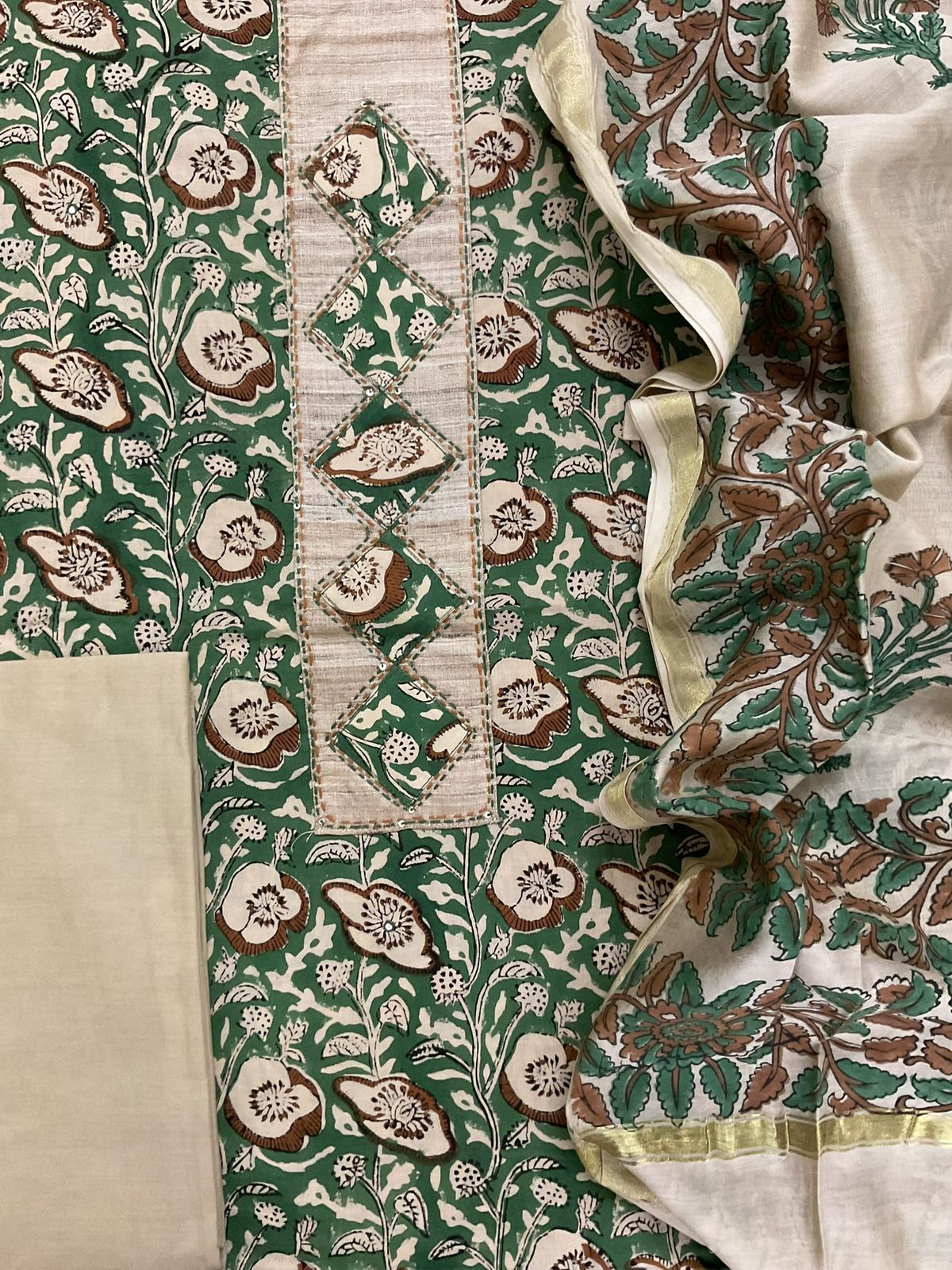 Pure Cotton Printed Embroidered Suit - Green
