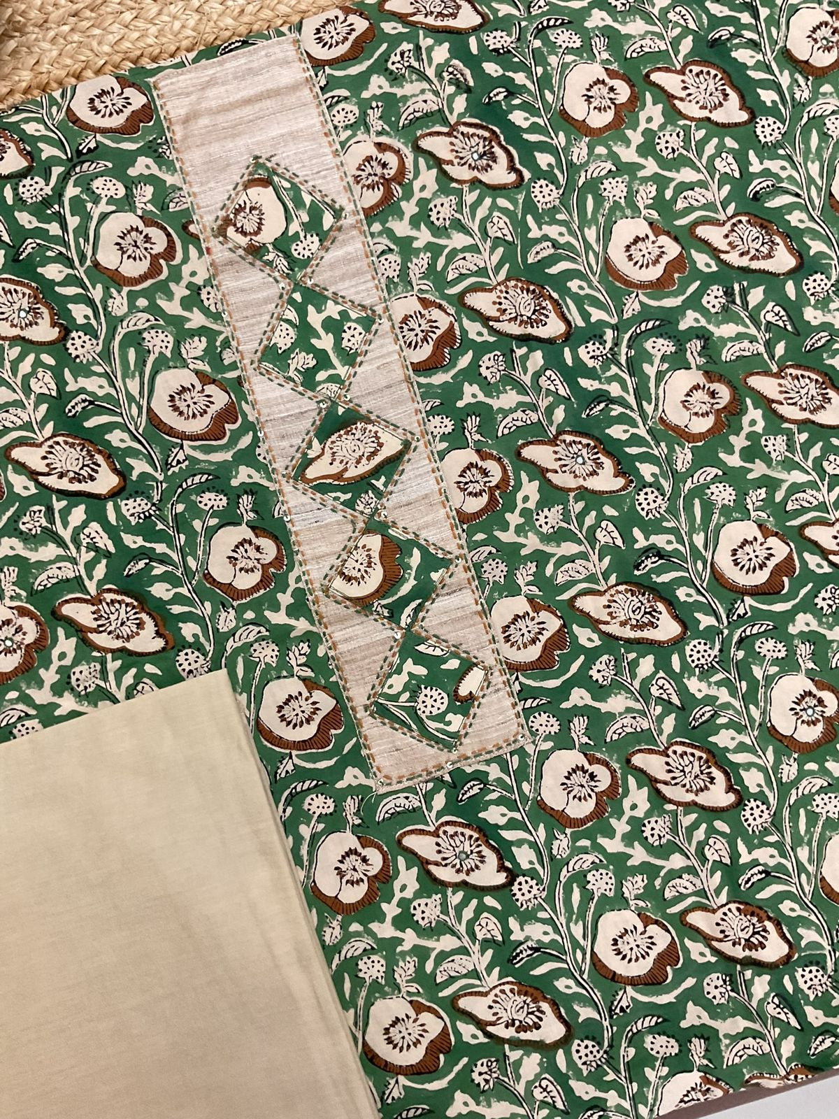 Pure Cotton Printed Embroidered Suit - Green