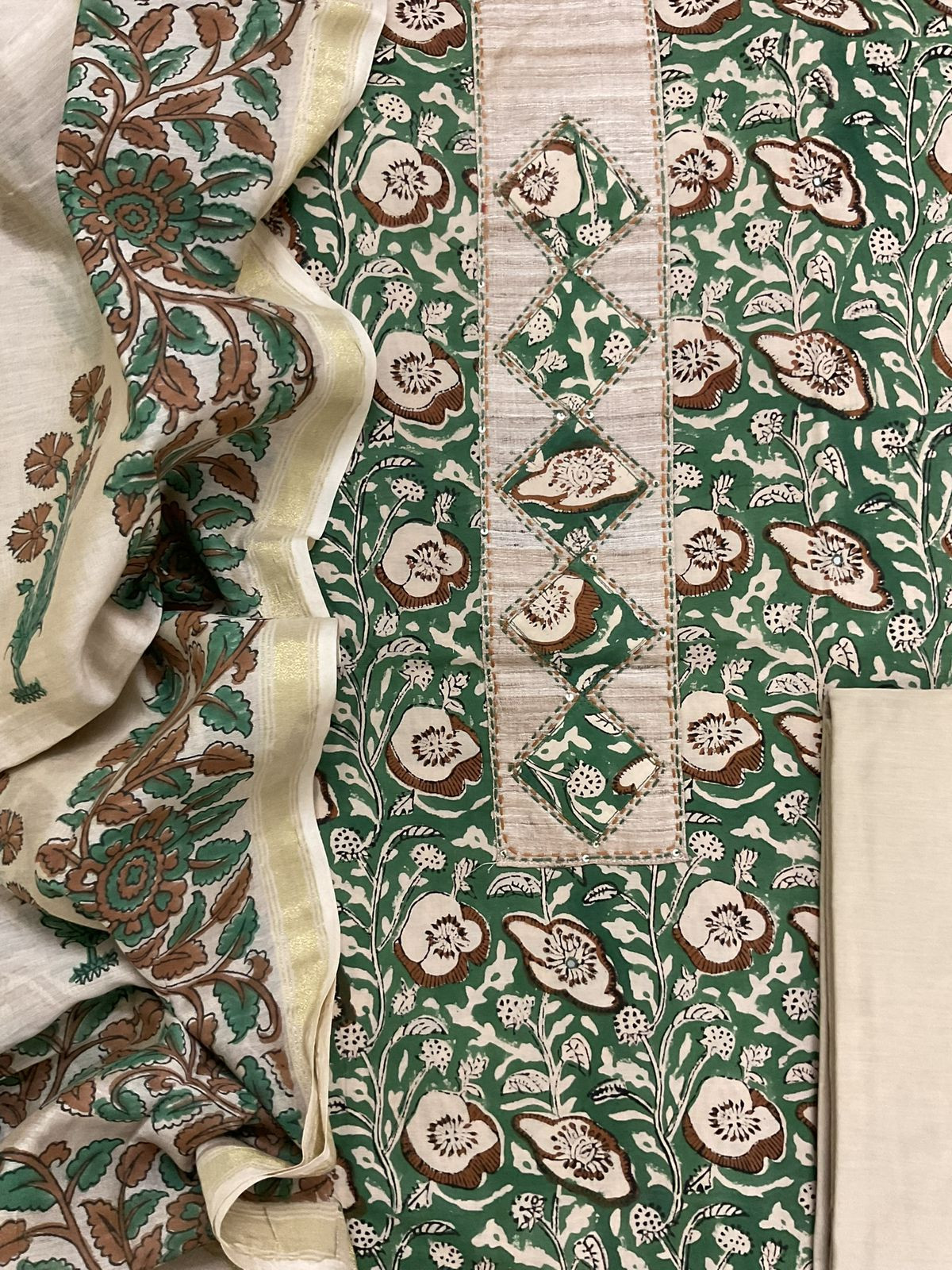 Pure Cotton Printed Embroidered Suit - Green