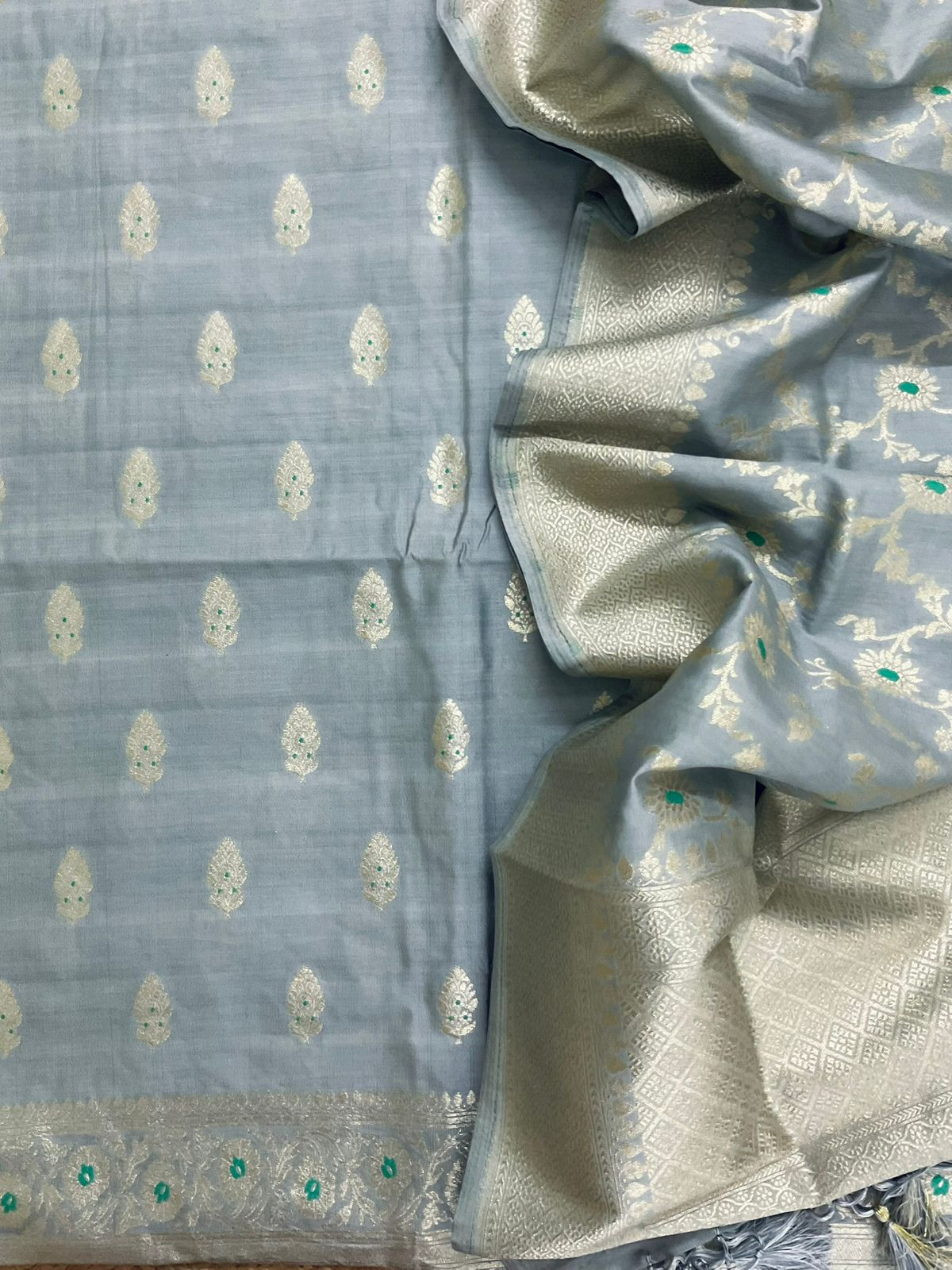 Pure Chanderi Silk Banarasi Weaved Suit - Grey