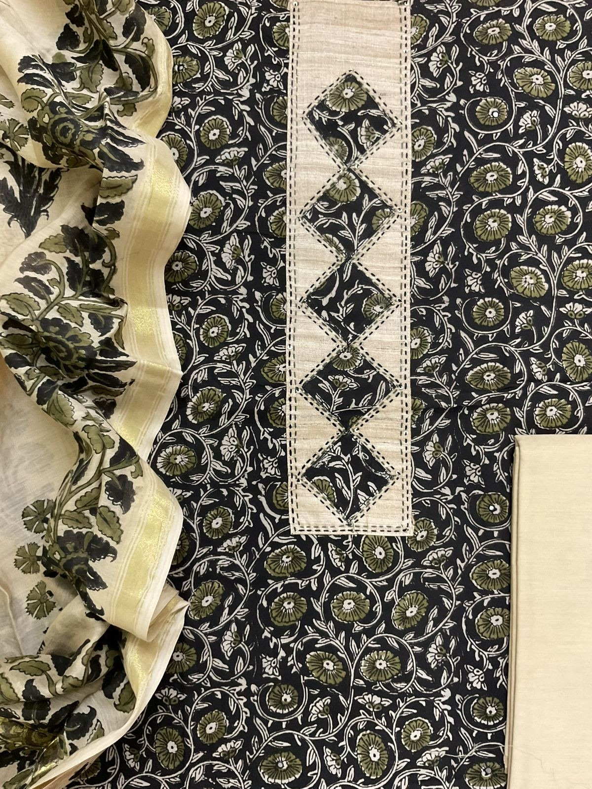 Pure Cotton Printed Embroidered Suit - Black