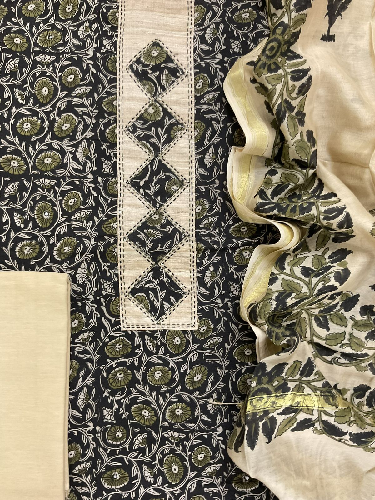 Pure Cotton Printed Embroidered Suit - Black