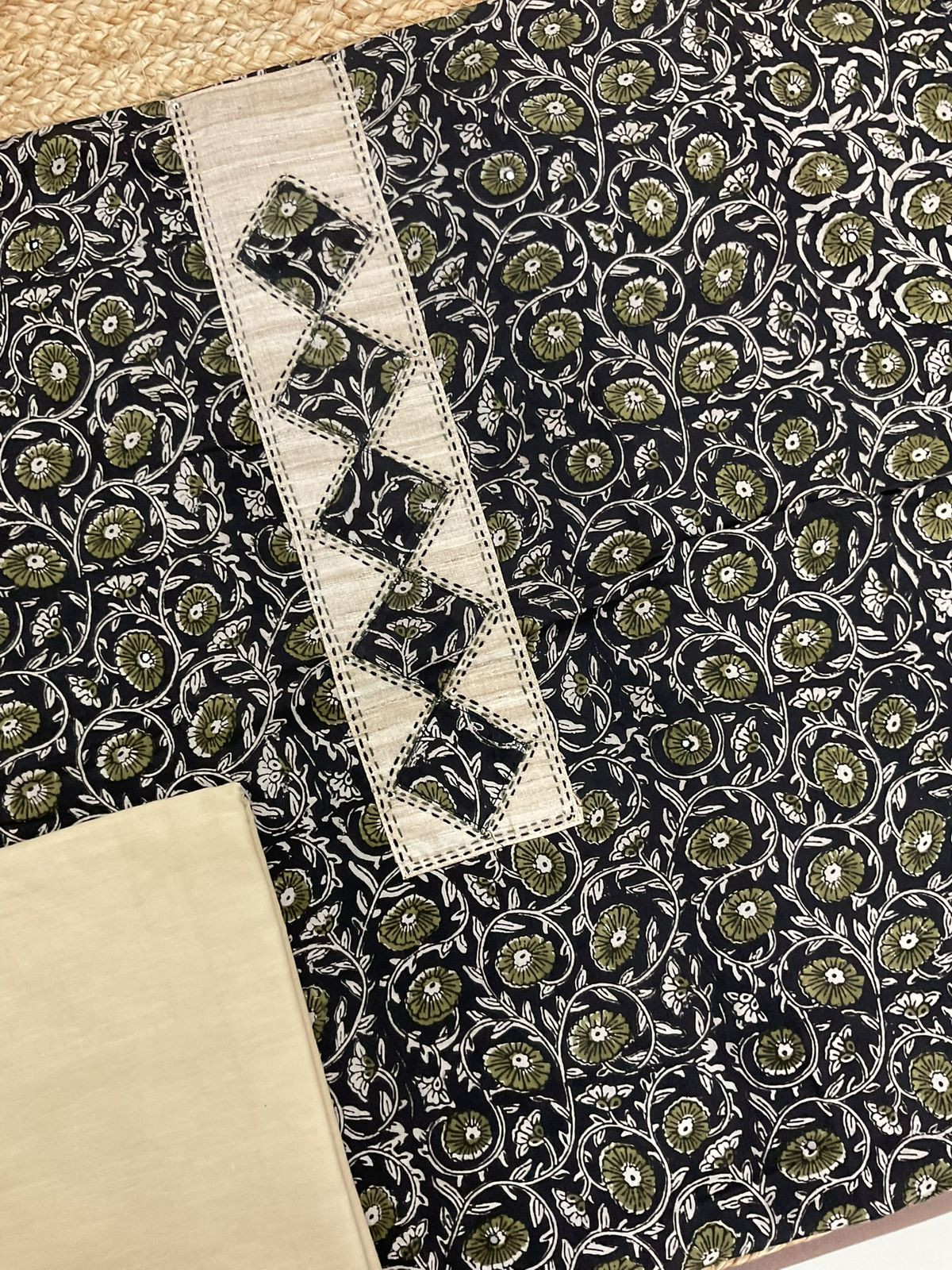 Pure Cotton Printed Embroidered Suit - Black