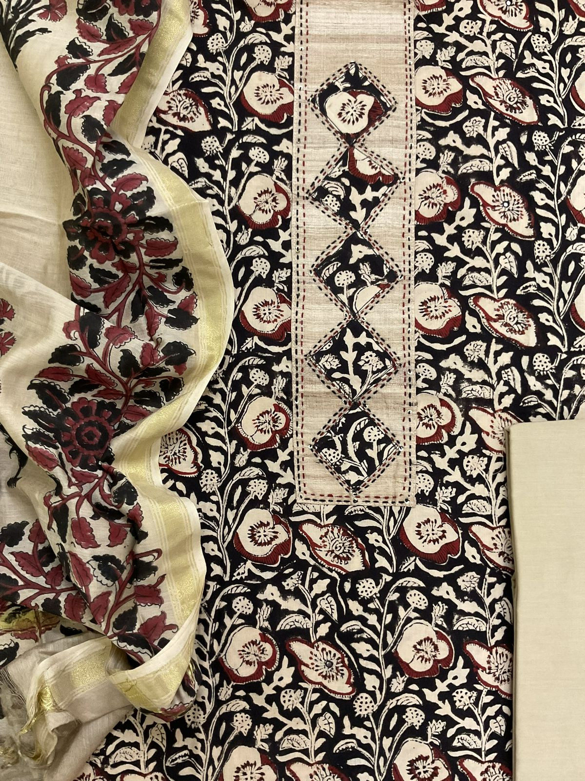 Pure Cotton Printed Embroidered Suit - Black