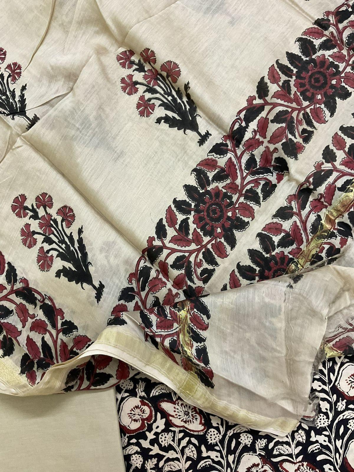 Pure Cotton Printed Embroidered Suit - Black