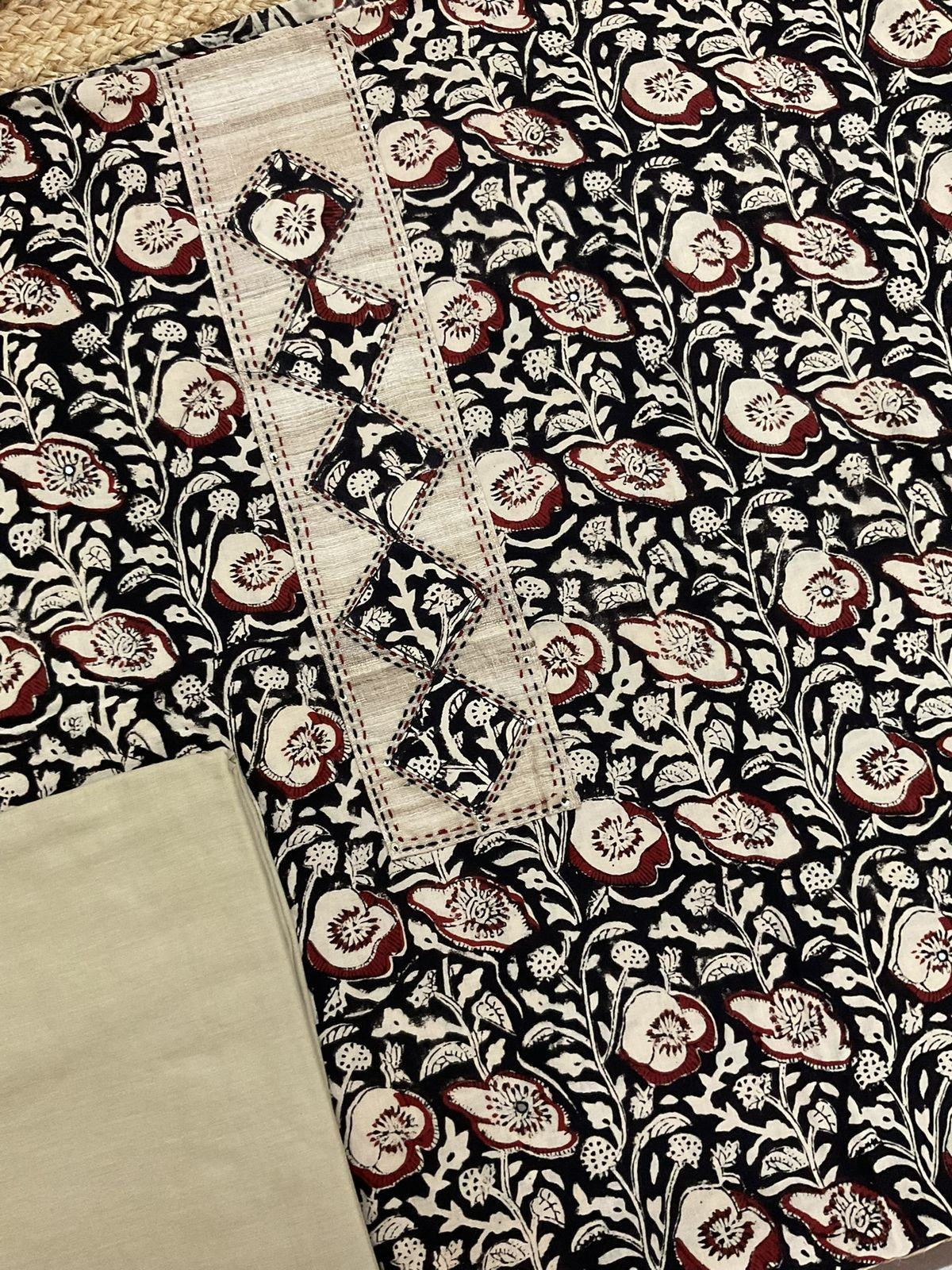 Pure Cotton Printed Embroidered Suit - Black