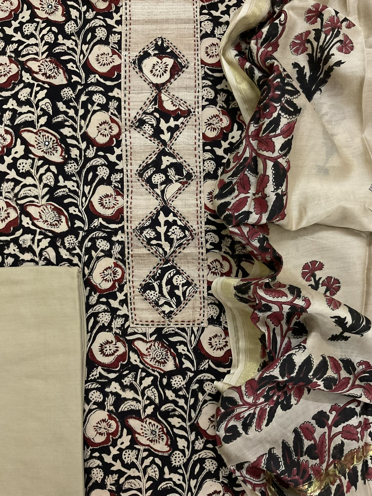 Pure Cotton Printed Embroidered Suit - Black