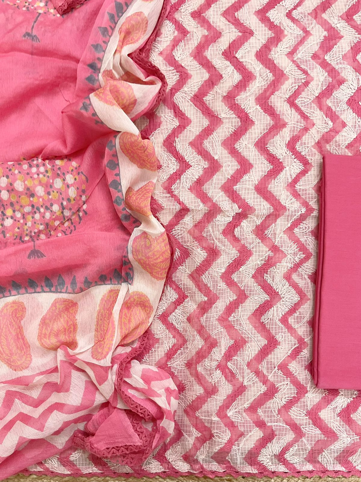 Pure Kota Cotton Printed Embroidered Suit - Pink