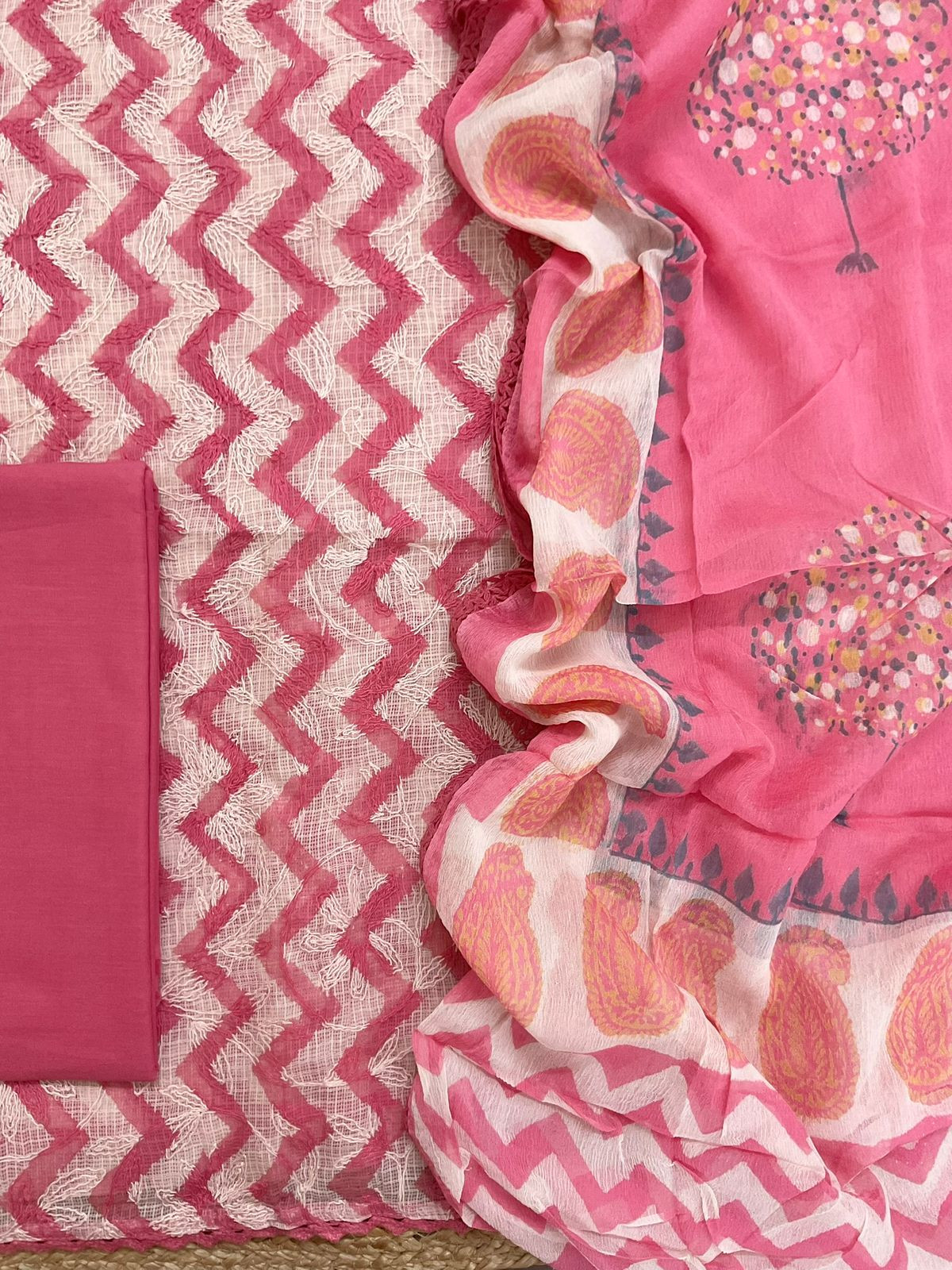 Pure Kota Cotton Printed Embroidered Suit - Pink