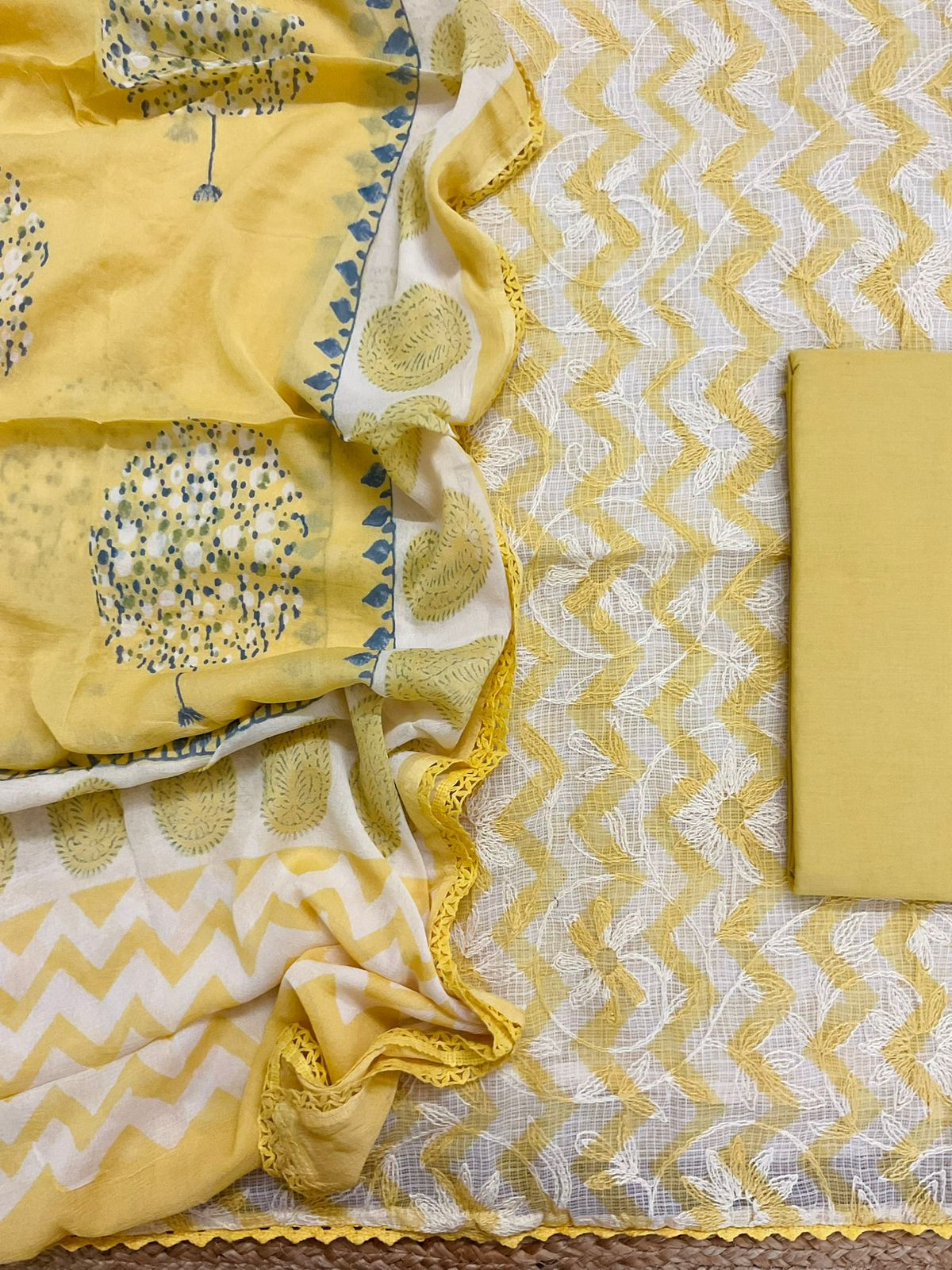Pure Kota Cotton Printed Embroidered Suit - Yellow