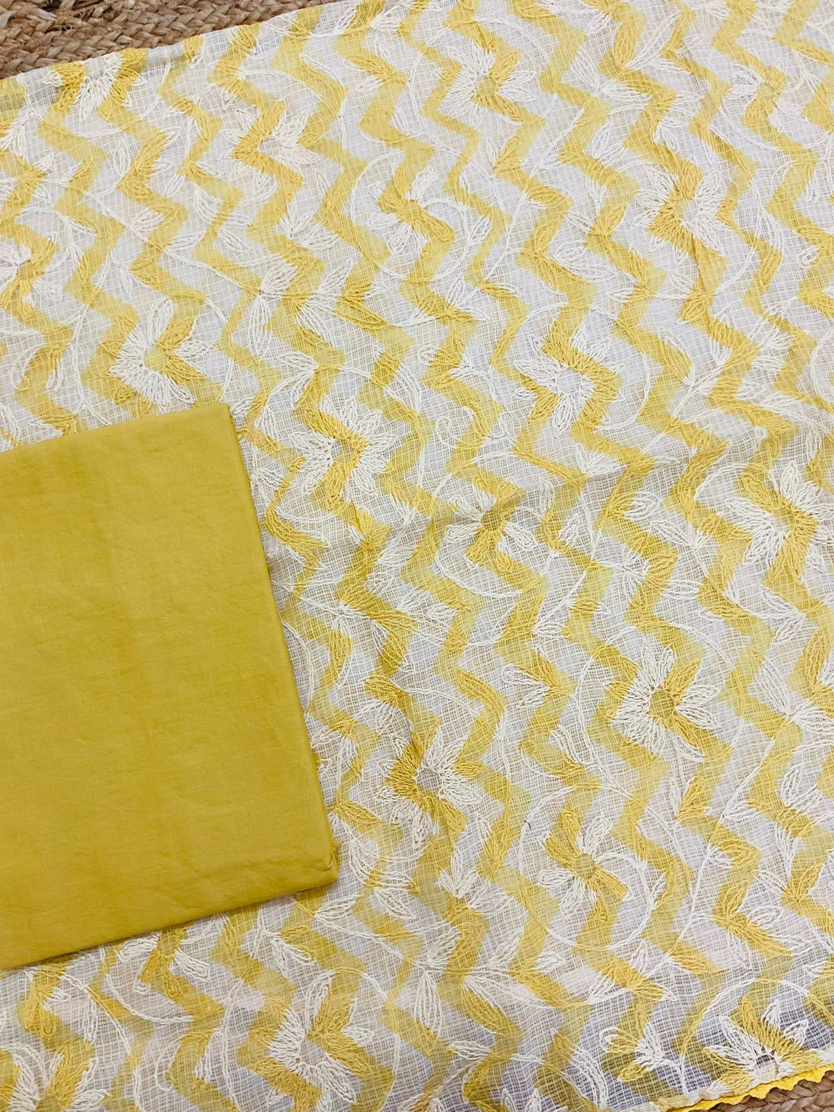 Pure Kota Cotton Printed Embroidered Suit - Yellow