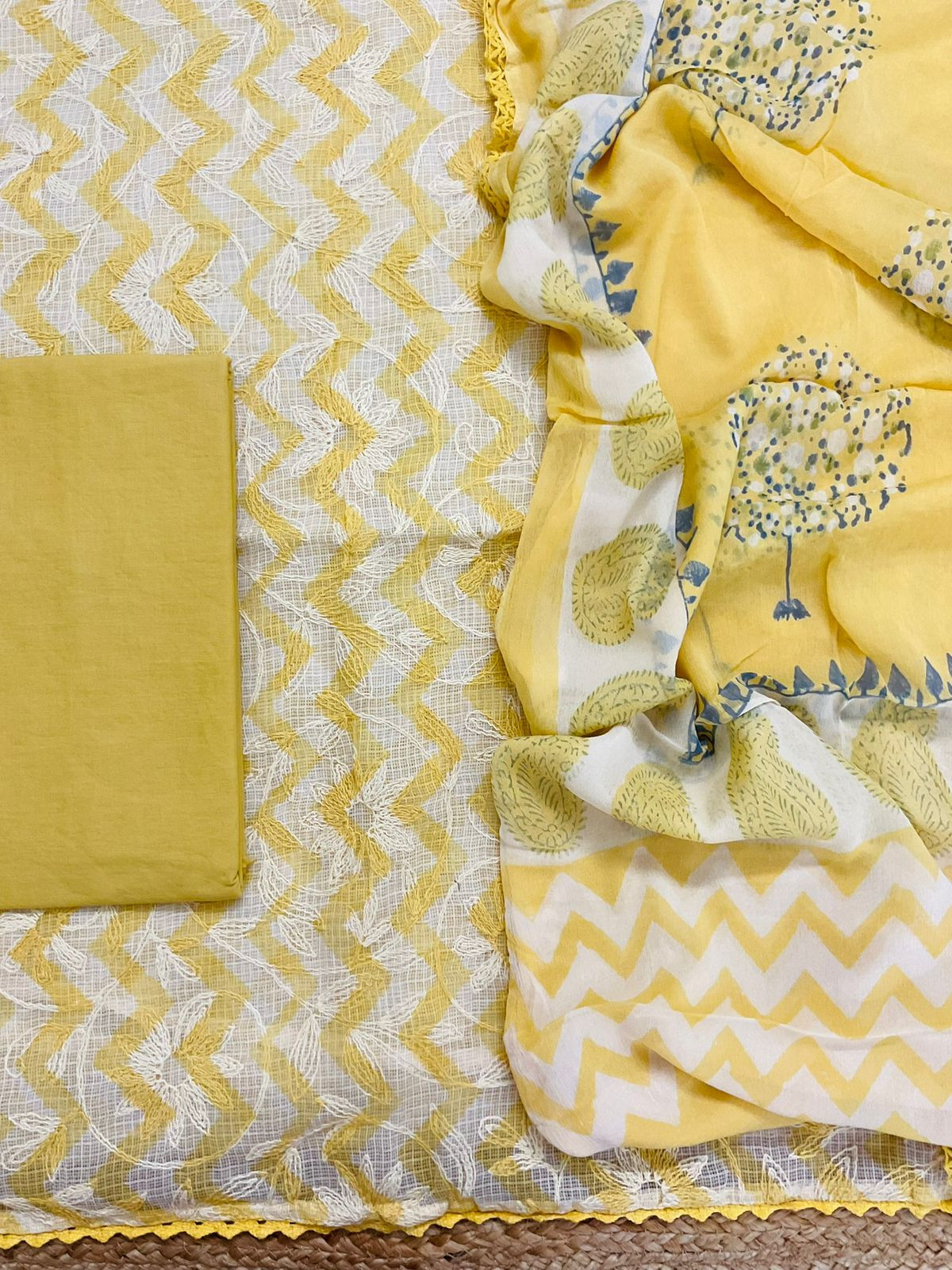 Pure Kota Cotton Printed Embroidered Suit - Yellow