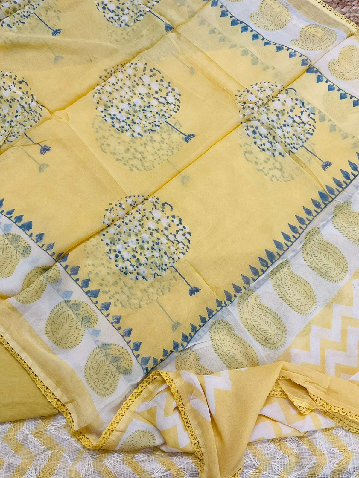 Pure Kota Cotton Printed Embroidered Suit - Yellow