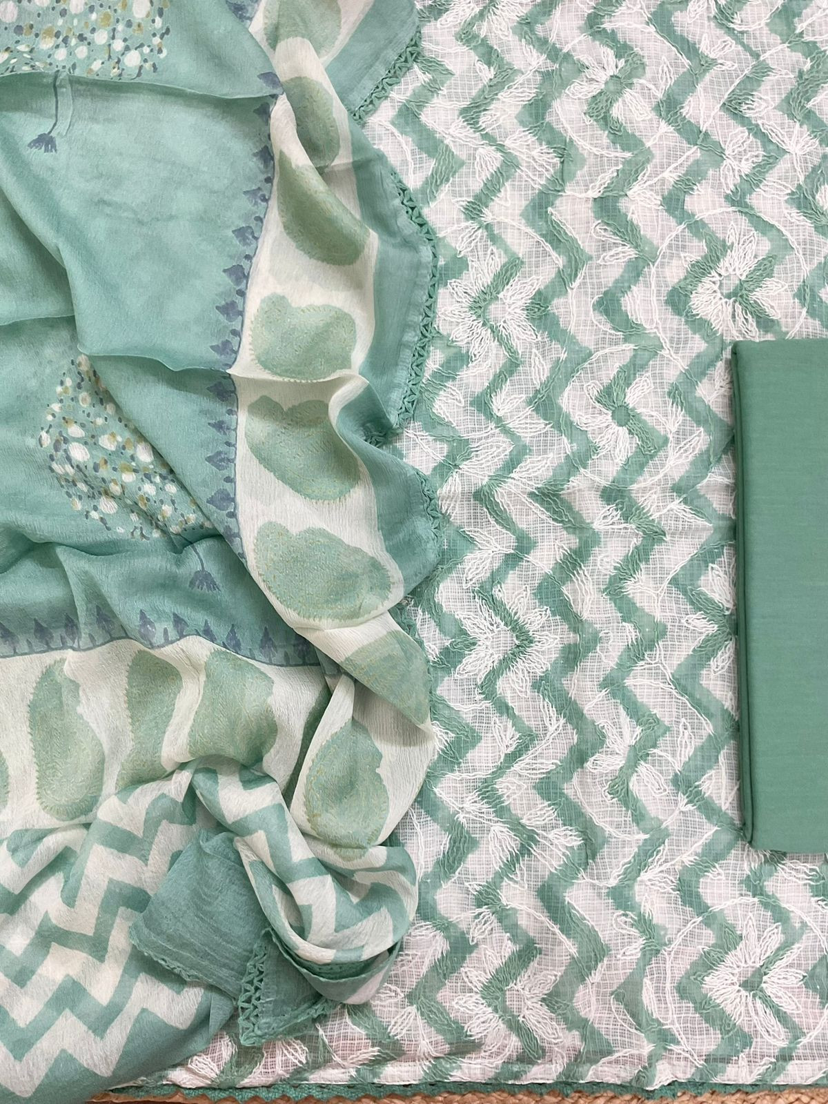 Pure Kota Cotton Printed Embroidered Suit - Green