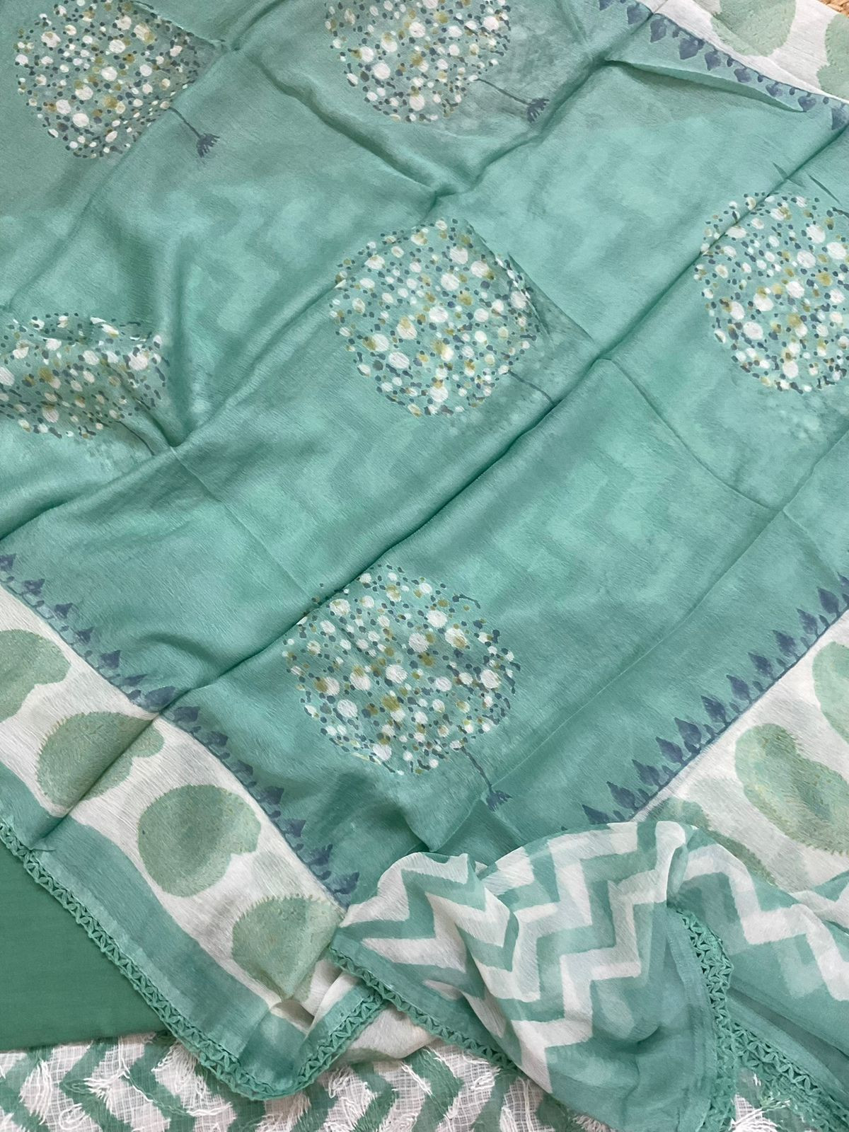 Pure Kota Cotton Printed Embroidered Suit - Green