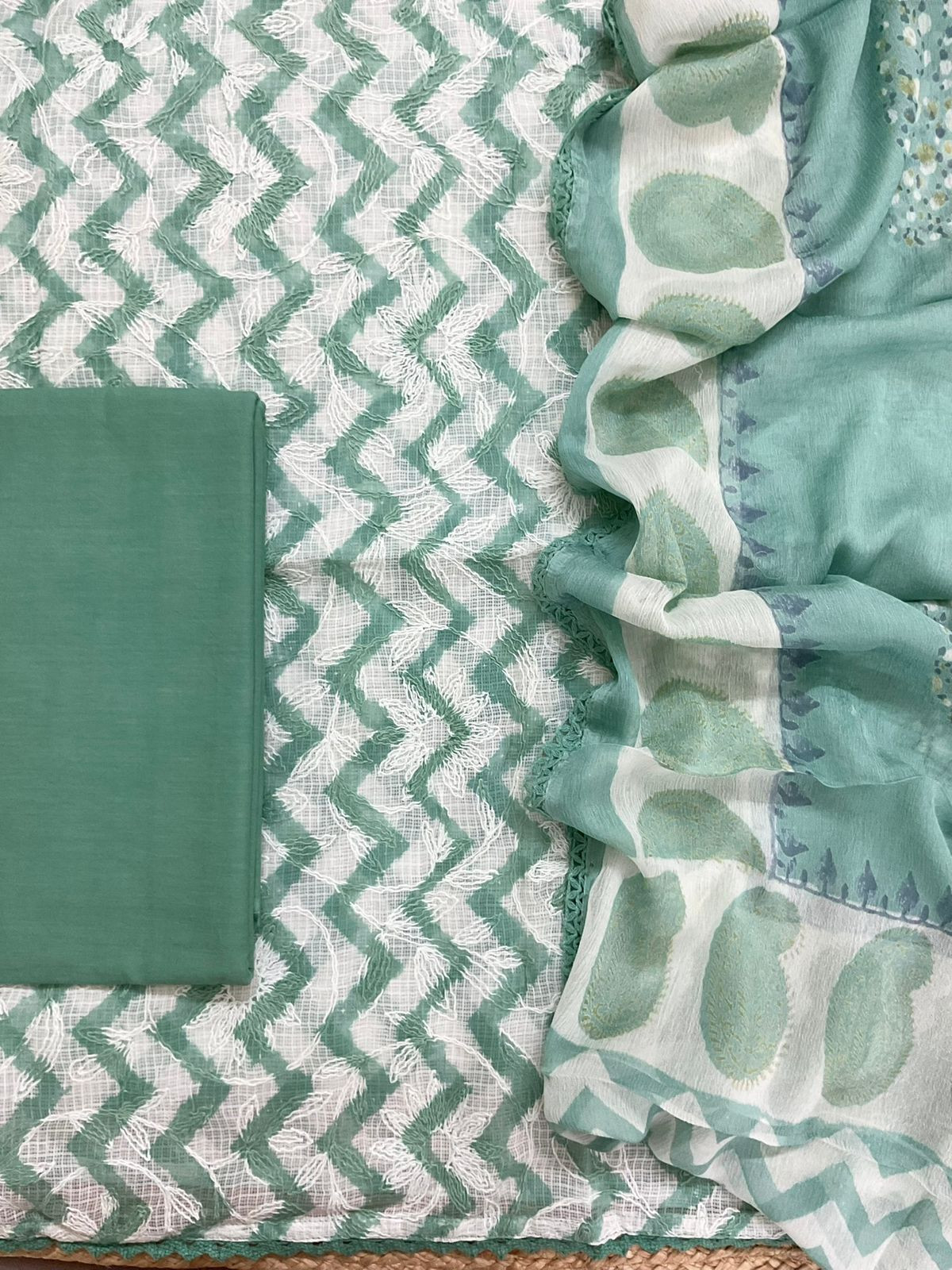 Pure Kota Cotton Printed Embroidered Suit - Green